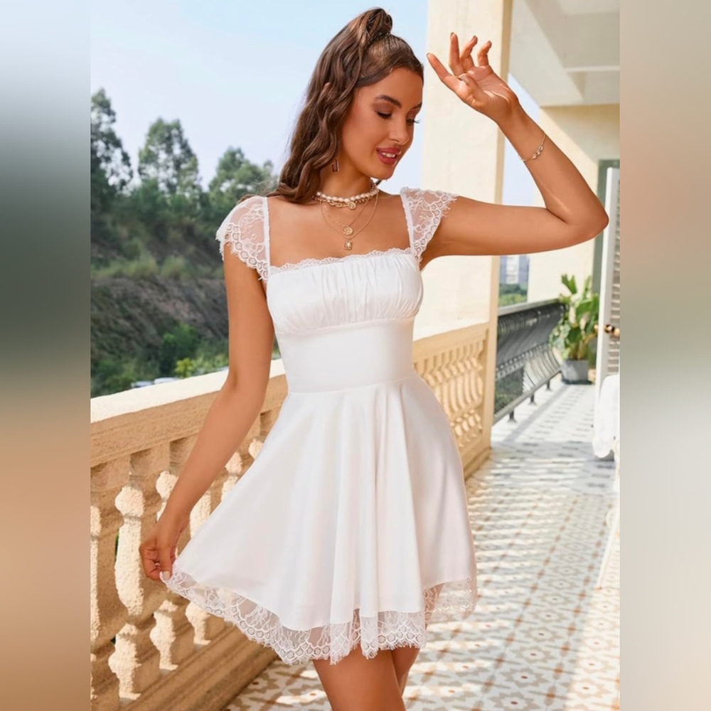 New Eynmin Medium Elegant Satin Avory Lace Dress Princess Wedding Graduation